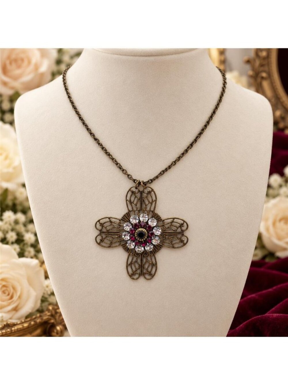 Liz Palacios SF Filigree Cross Necklace Red Black Clear Rhinestone Brass 22 In